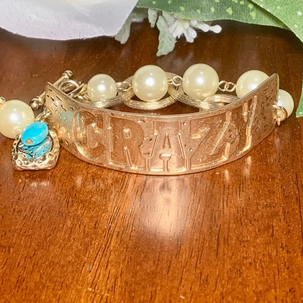 CRAZY Toggle Bracelet.  Antique Hammered Gold Tone Patina, with faux pearls.